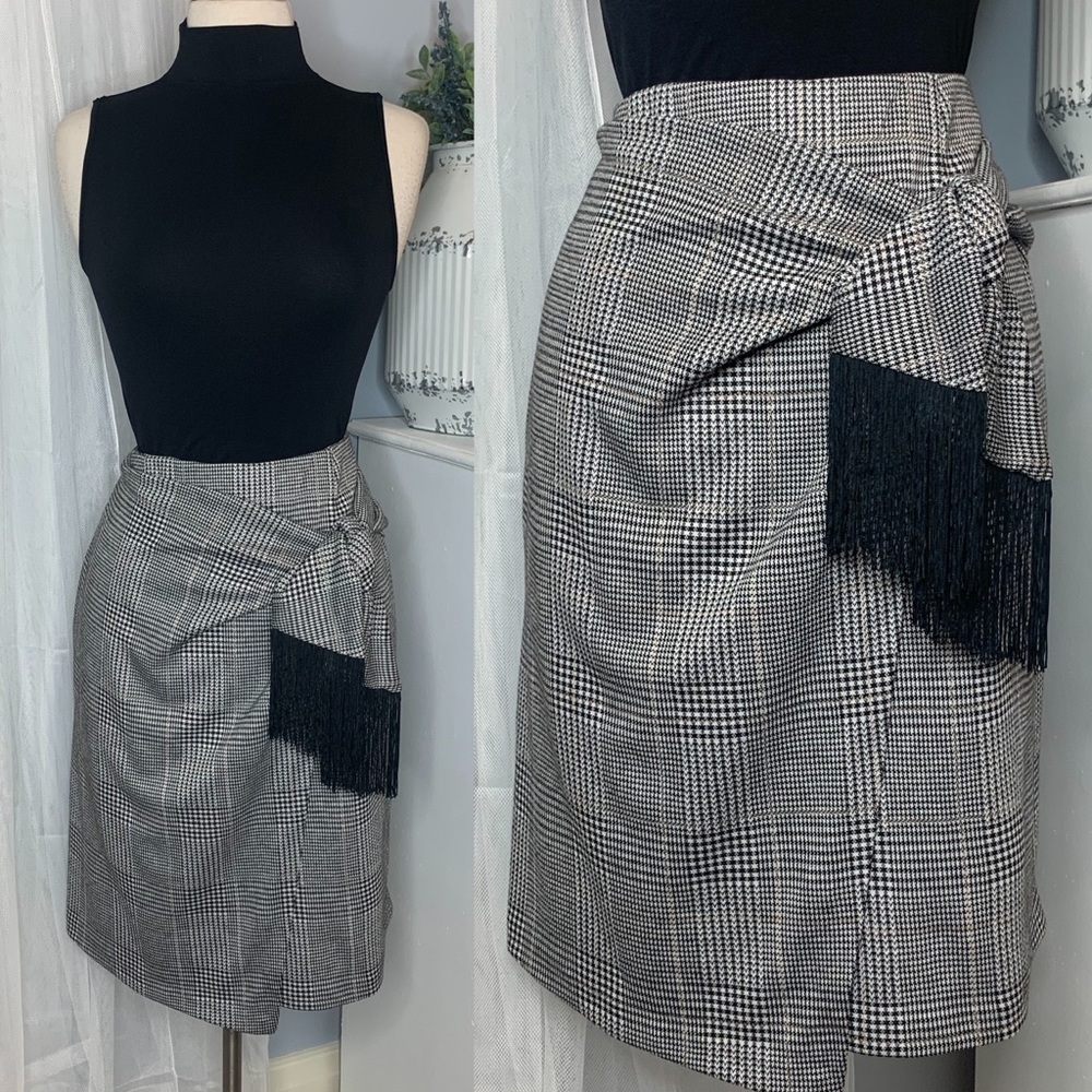 🖤 Houndstooth Faux Wrap Pencil Skirt with Tassels